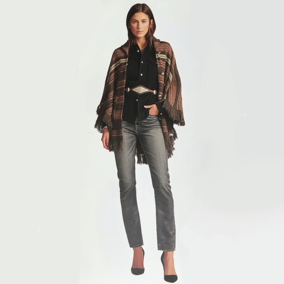 Super Rare RRL Double OSFA Wool Sweater Poncho in Brown Silver Button Details - Picture 1 of 15